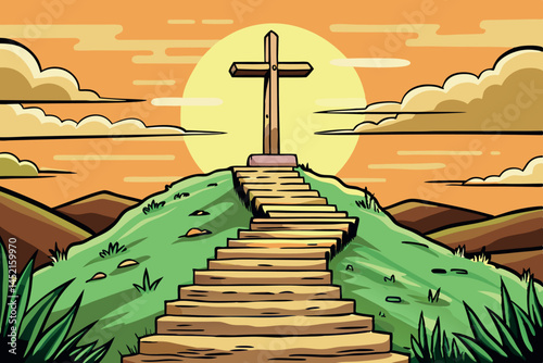 hilltop view with stone steps leading towards a cross, illuminated by the setting sun, symbolizing hope and faith
