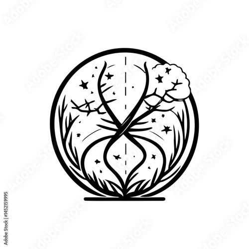 Stylized botanical depiction with astral motifs within circular border symbol