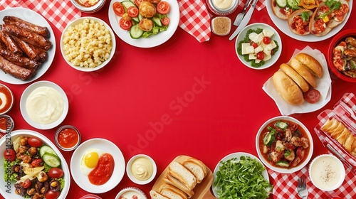 A vibrant overhead shot showcases a delicious variety of food dishes arranged in a circular frame on a bold red background perfect for restaurant menus or food blogs.