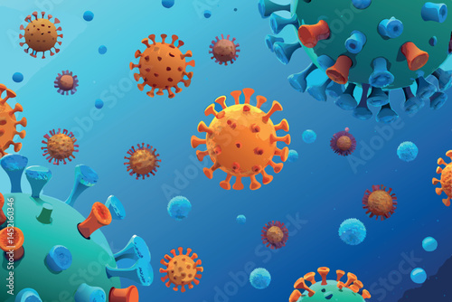 Microscopic view of various vibrant coronavirus particles in red, orange, and blue, floating against a smooth, colorful background with scientific and medical imagery