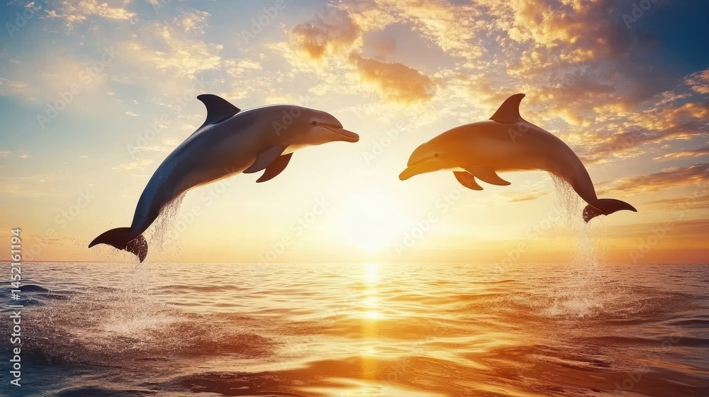 Two dolphins leaping out of the water against a stunning sunset backdrop, capturing the energetic movement and the vivid colors of the sky as they reflect on the ocean surface. Two dolphins leaping out of the water against a stunning sunset backdrop, capturing the energetic movement and the vivid colors of the sky as they reflect on the ocean surface.