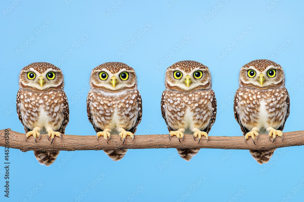 Cute Family of Owls Perched on Tree Branch Nature Scene Wildlife Photography Tranquil Environment Close-Up View Cute Family of Owls Perched on Tree Branch Nature Scene Wildlife Photography Tranquil Environment Close-Up View
