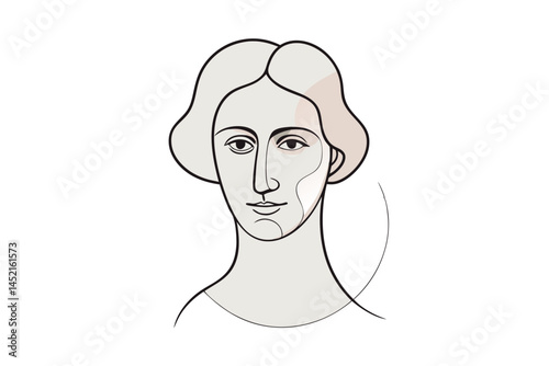 Elegant abstract portrait of a woman in simple line art style, featuring a serene and modern aesthetic with soft color accents