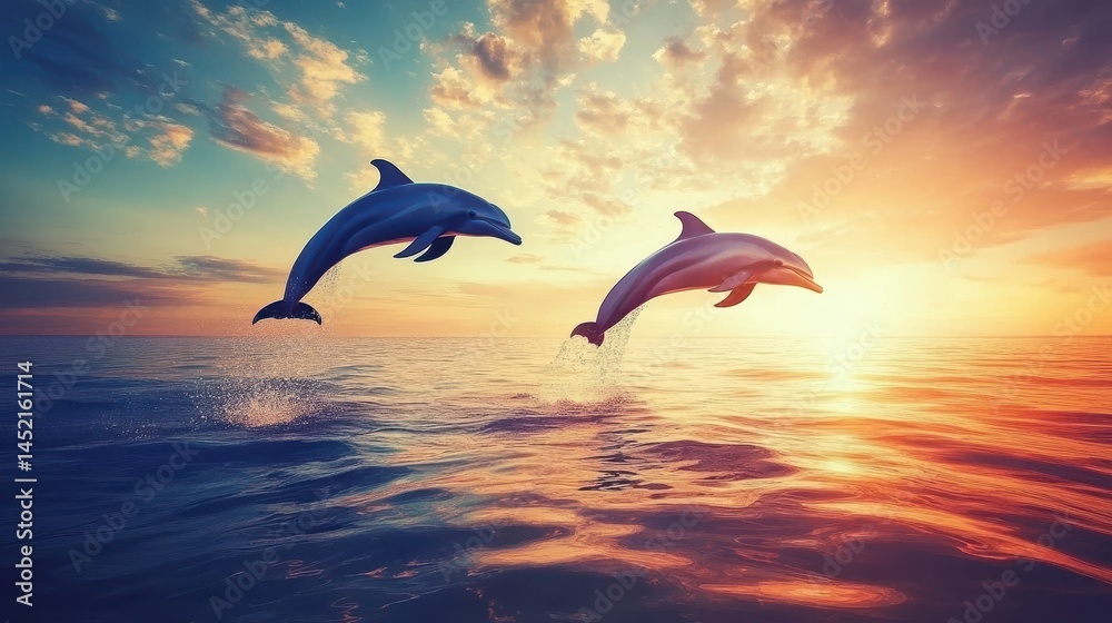 Two dolphins leaping out of the water against a stunning sunset backdrop, capturing the energetic movement and the vivid colors of the sky as they reflect on the ocean surface. Two dolphins leaping out of the water against a stunning sunset backdrop, capturing the energetic movement and the vivid colors of the sky as they reflect on the ocean surface.