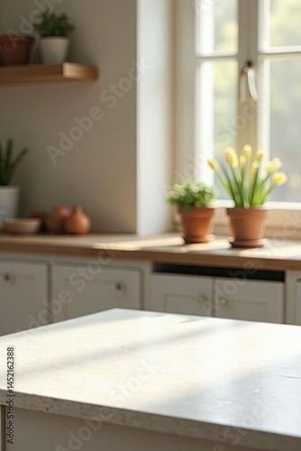 Bright Sunlight Illuminates a Clean Kitchen Countertop, Perfect for Displaying Products or Culinary Creations