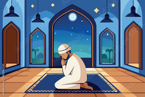 Islamic prayer scene with a man kneeling in a mosque, surrounded by arched windows, with a serene ambiance and warm, calming colors