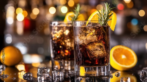 Two glasses of Cuba Libre cocktails with ice cubes and lemon on a bar counter, showcasing mixed drinks with whiskey-cola, garnished with rosemary and orange slices.
