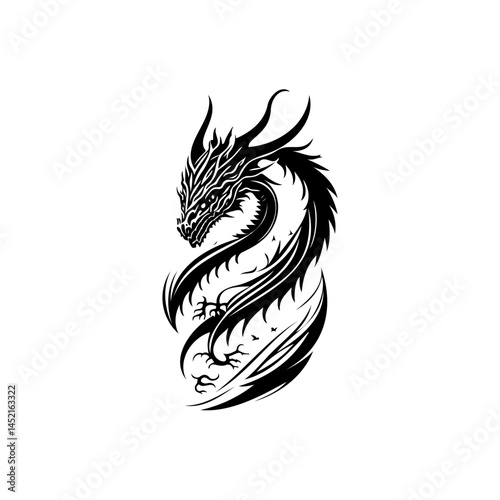 Majestic dragon illustration with intricate detailing and monochromatic palette