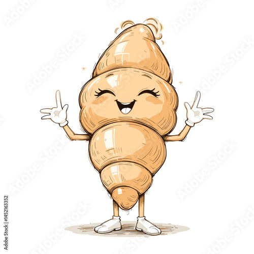 Joyful Cartoon Croissant Character with Upraised Hands