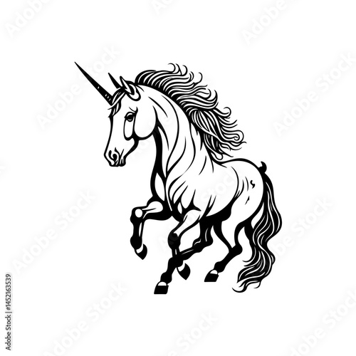 Elegant stylized unicorn illustration with flowing mane and powerful stance