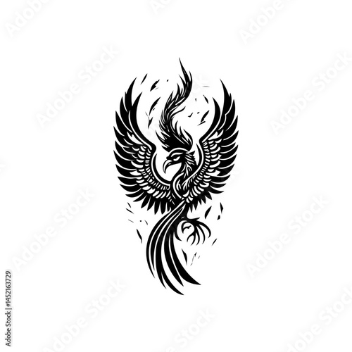 Majestic phoenix soaring with intricate wings and detailed design on monochrome background