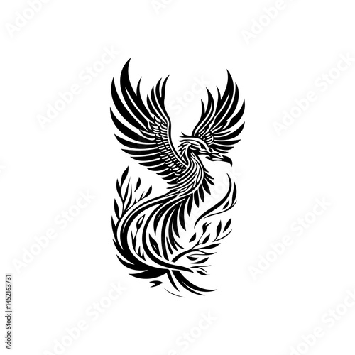 Stylized Phoenix Rising Illustration with Ornate Feather and Leaf Details