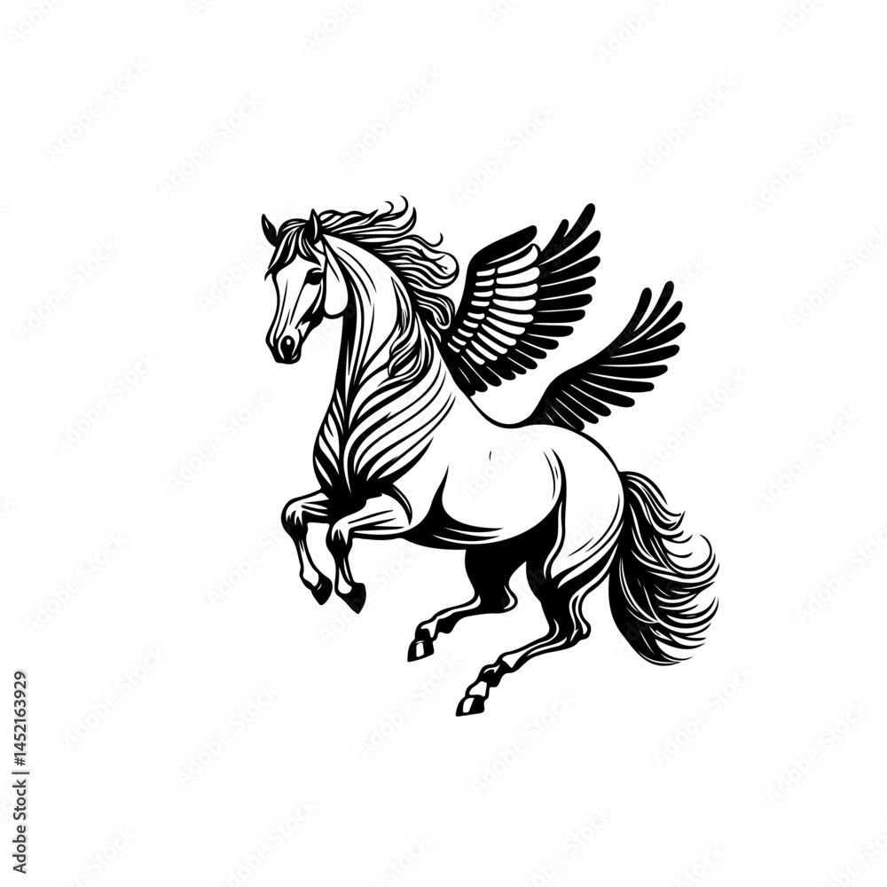 Fototapeta premium Monochrome depiction of a Pegasus in mid-flight with stylized features