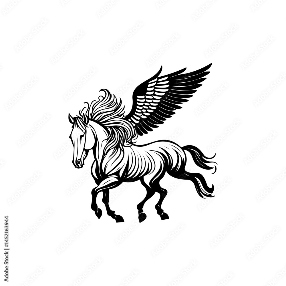 Fototapeta premium Majestic pegasus soars, a captivating monochrome illustration with artistic flourish