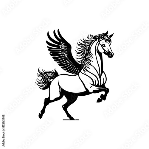 Elegant monochrome depiction of a mythical winged horse symbolising freedom