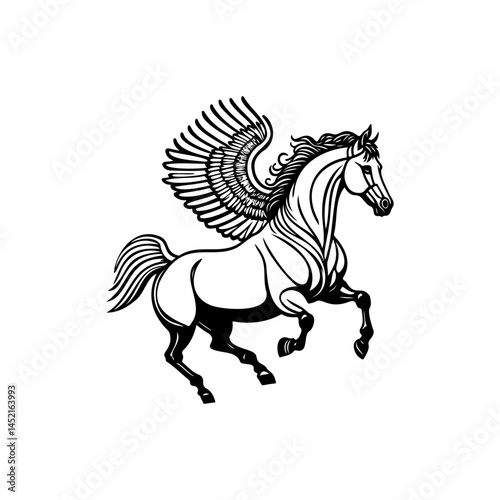 Elegant black and white vector illustration of a majestic winged stallion
