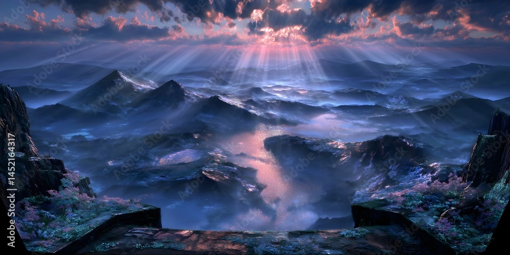 Fototapeta premium Celestial Majesty: A breathtaking vista unfolds, revealing the majesty of mountains beneath an ethereal sky, where sunrays pierce through the clouds, casting a spell of wonder and serenity.