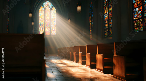 Divine radiance streams through stained glass illuminating sacred space beckoning contemplative souls