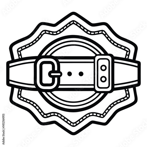 Black and white illustration of a wrestling champion belt wrapped around a scalloped-edge circular badge, featuring a rectangular buckle, two holes, and a dashed outline for a vintage award look