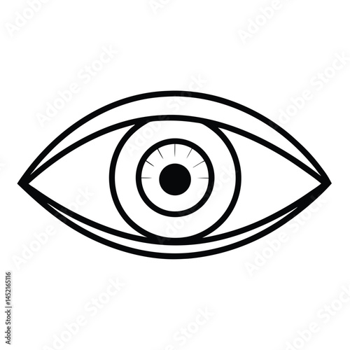 A minimalist black and white illustration of an eye, featuring a prominent iris and pupil. The eye is outlined with bold lines, showcasing an elongated shape typical of a human eye