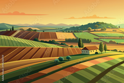 Breathtaking rural landscape featuring plowed fields, rolling hills, and a tranquil farmhouse with vibrant sunset lighting in the background