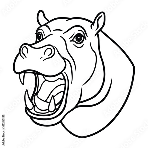 A cute cartoon vector illustration features a hippo's head. Wild mammals drawn with artistic design. line art icon sign sketch stock image minimalist line drawing design element for poster, emblem