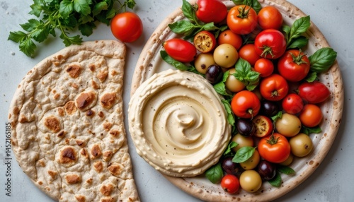 bright flat lay of mediterranean inspired meal with grilled vegetables olives hummus and whole grain pita promoting heart healthy lifestyle photo