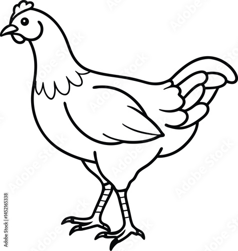 Minimal black and white chicken illustration from the side, including a well-defined comb, feather accents on wings and tail, and feet with visible toes standing on a simple backdrop.