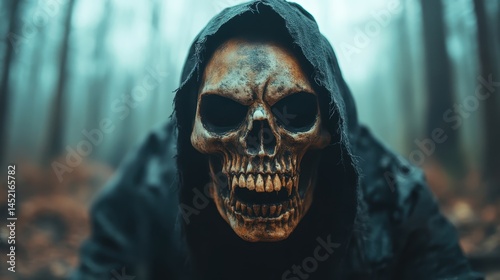 A detailed, eerie cloaked skull figure looms in a misty background, surrounded by an aura of malevolence and mystery that embodies the essence of fear and the supernatural.