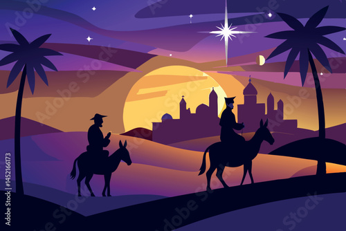 Journey to Bethlehem at night with two riders on donkeys silhouetted against a vibrant sky and the city skyline in the distance