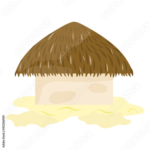 Hawaiian bungalow on sand vector. Beach shack house, vector bamboo hut bar, Summer cartoon island building, straw roof, exotic vacation camping on sand.