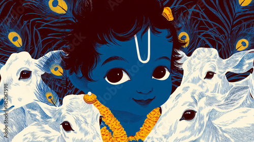 A cute variant of lord krishna as a child, besiege by peacocks and cows, smiling peacefully.