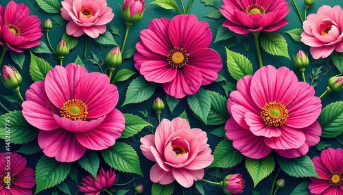 Intricate fuchsia floral repeat, bold blooms, lush green foliage, flowers, print, leaves