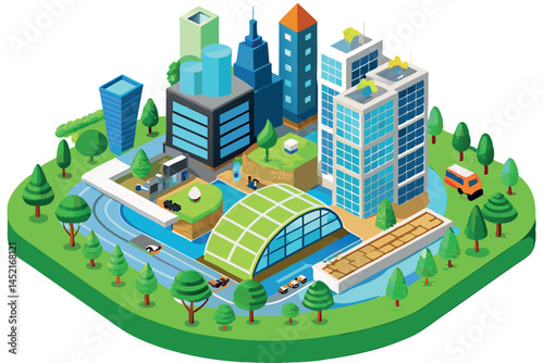 Miniature city model showing modern urban architecture with green energy features like solar panels, highlighting sustainable city planning
