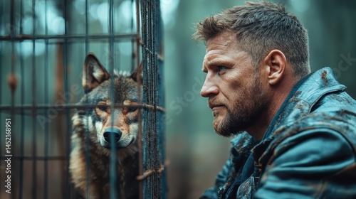 A man sits facing a wolf in a cage, absorbed in a moment of intense emotion, exploring themes of confinement and the instinctual bond between humans and wild animals.