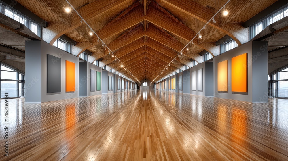 Fototapeta premium Modern Art Gallery Interior Polished Wood Floor and Abstract Paintings