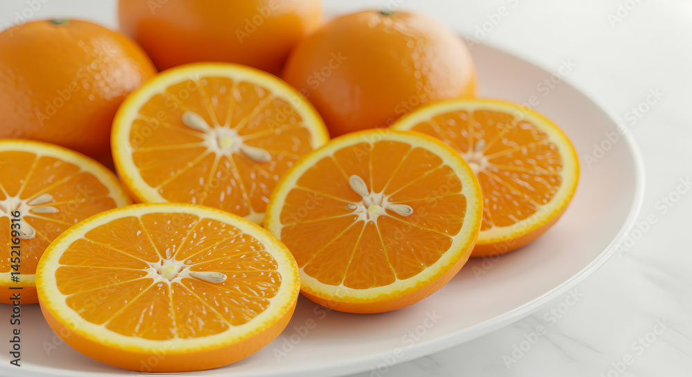 A close up view of several sliced oranges and whole oranges arranged on a white plate surface A close up view of several sliced oranges and whole oranges arranged on a white plate surface