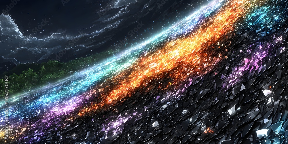 Fototapeta premium Celestial River of Colors: A mesmerizing cascade of vibrant colors dances through the cosmos, a breathtaking display of cosmic beauty and interstellar wonder. Captivating the essence of space