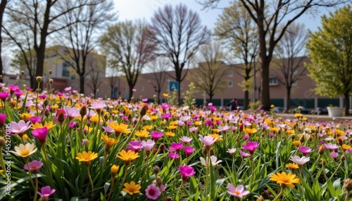 a serene landscape with lush greenery and colorful wildflowers blooming during the first day of nowruz representing the renewal of nature and the start of the spring season