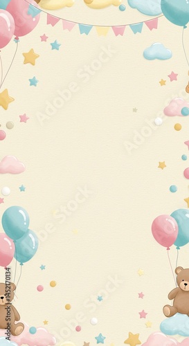 Cute pastel baby shower background with balloons and teddy bears for invitations