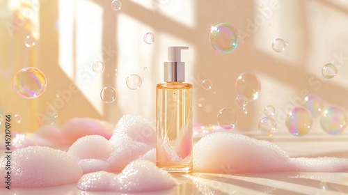 Gentle cleansing oil bottle surrounded by fluffy bubbles