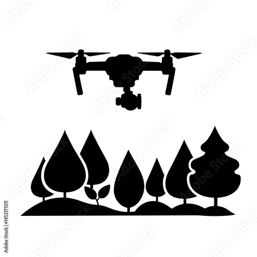 Drone hovering above tree nursery with sapling icons, reforestation