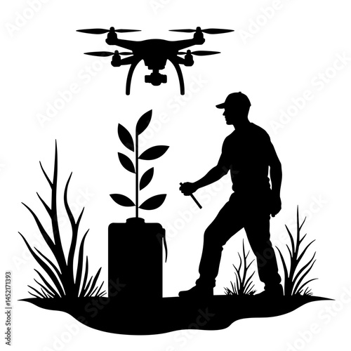 Planting drone planting saplings by forest, reforestation initiative
