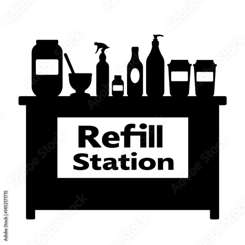 Silhouette of refill station with jars and scoops, zero waste concept