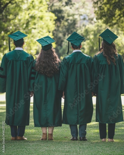 Celebrating achievement with friends in dark green graduation gowns on a sunny day in a natural setting