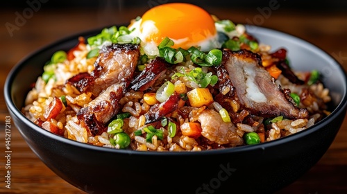 A mouthwatering bowl of fried rice garnished with a perfectly cooked egg on top, brimming with fresh ingredients and delightful textures that enrich each bite.