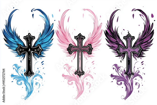 Vector illustration of three tattoo cross symbols with wings, isolated on a white background