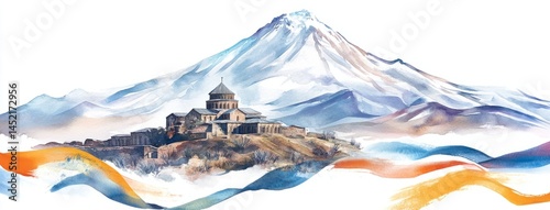 Mount Ararat and Khor Virap Monastery on White Background