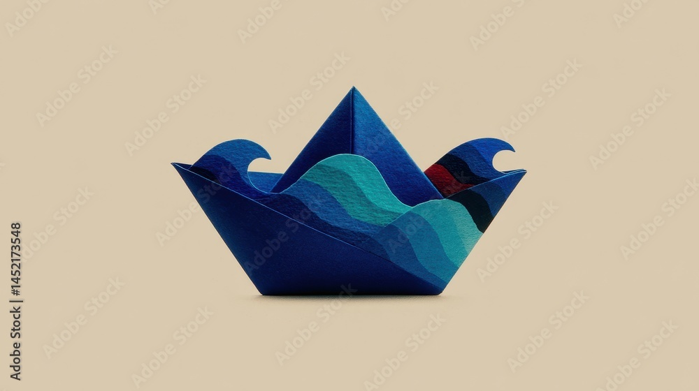 Naklejka premium Abstract Paper Boat Sailing on Blue Ocean Waves Craft Design