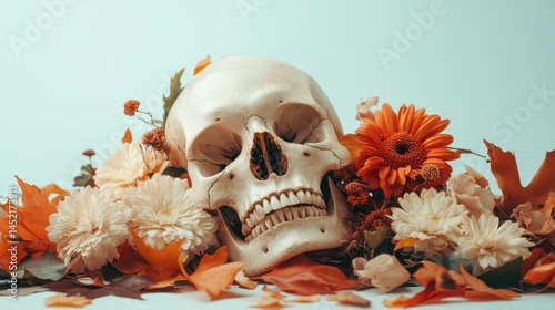 This dynamic image features a skull beautifully surrounded by an arrangement of autumnal flowers and leaves, celebrating the interplay of life, beauty, and the inevitability of nature's cycle.